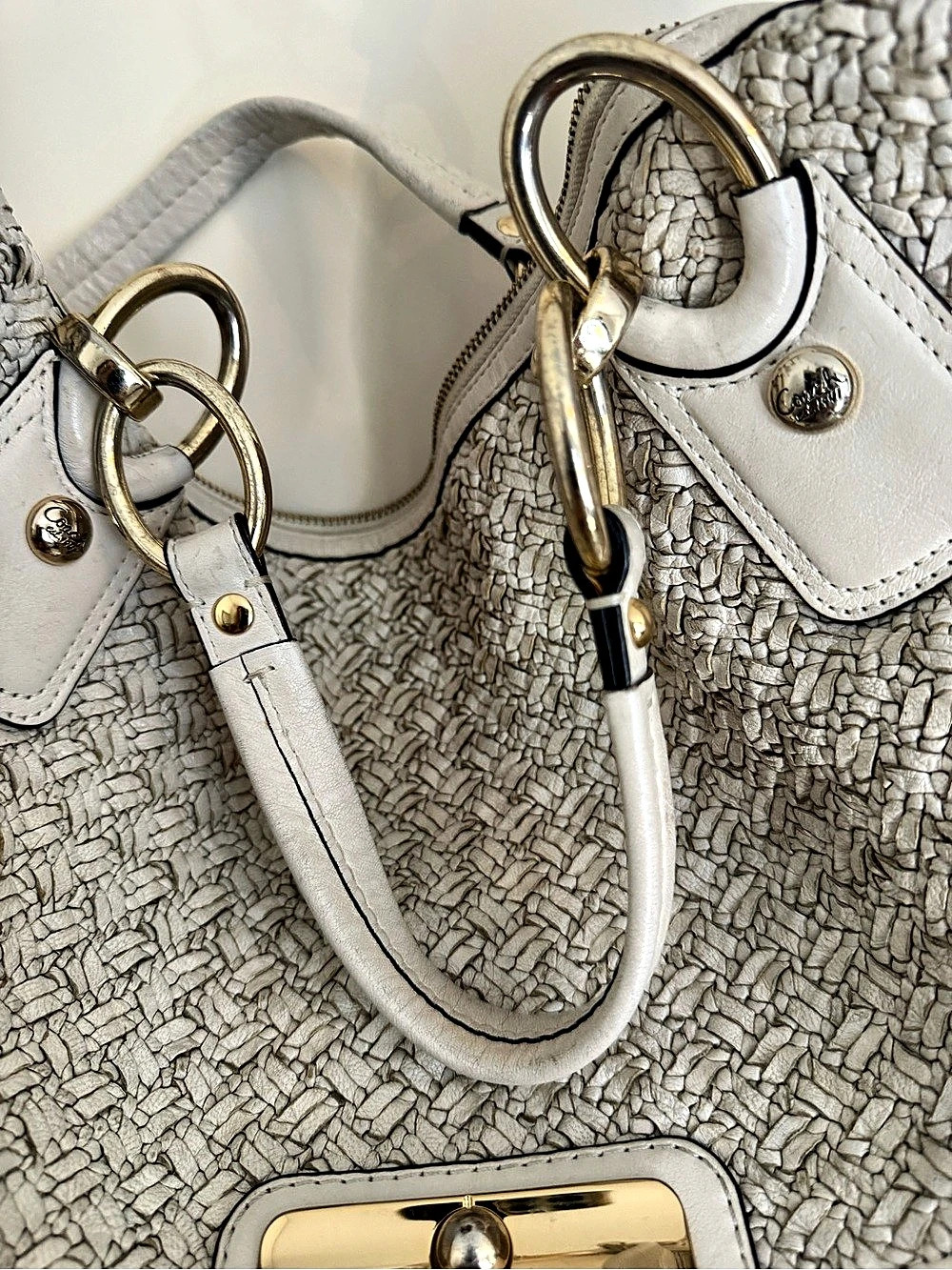 Coach Kristin Pinnacle Woven Leather Satchel Woven Leather Shoulder Bag in Ivory